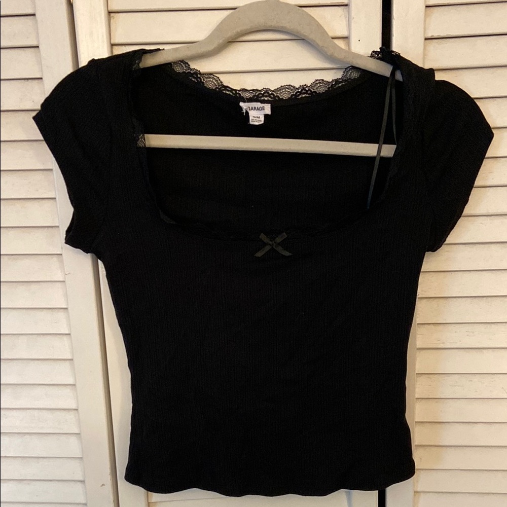 Garage Black Ribbed Top with Lace Detail